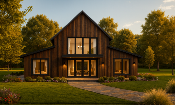 Legacy House MB-1652 Barndominium House Plan with tall center gable vertical siding full front porch large windows and warm interior glow